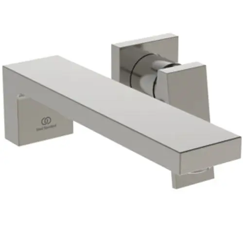 Wand-Waschbeckenarmatur in silberner Optik mit schmalem, rechteckigem Griff und Design von Ideal Standard. Minimalistisches Erscheinungsbild mit klaren Linien.